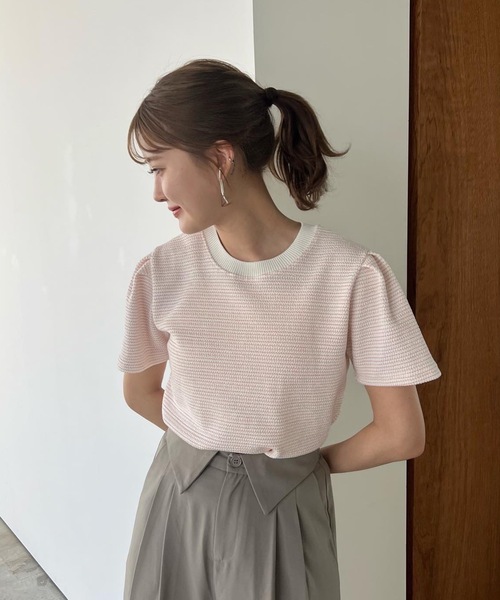 Amiur(エミレ)の「stripe tuck sleeve smooth T(Tシャツ/カットソー・レディース・ブルー/ピンク/ブラック・FREE)」の1枚目の写真