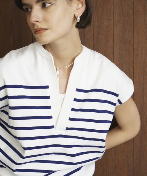 CLANE(クラネ)の「【CLANE/クラネ】WIDE HENLEY N/S BORDER TOPS:トップス(Tシャツ/カットソー・レディース・ホワイト/ベージュ/ネイビー・SMALL)」の4枚目の写真