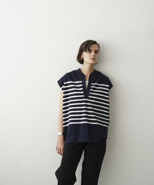 CLANE(クラネ)の「【CLANE/クラネ】WIDE HENLEY N/S BORDER TOPS:トップス(Tシャツ/カットソー・レディース・ホワイト/ベージュ/ネイビー・SMALL)」の5枚目の写真