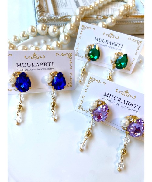 tone(トーン)の「【MUURABBTI】雫ビジューとスワロフスキーのピアス(MA)(ピアス(両耳用)・レディース・バイオレット/その他/エメラルド・FREE)」の4枚目の写真