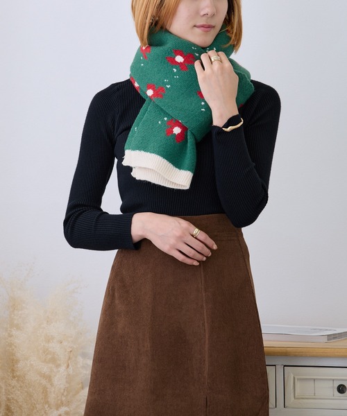 ピヌエ　トライカラーニットマフラー　レッド ピヌエ トライカラーニットマフラー レッド