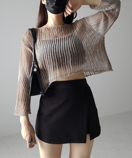me+em select(ミームセレクト)の「【 2color 】グラデーションメッシュショートニット(ニット/セーター・レディース・ブラック/ブラウン・FREE)」の2枚目の写真