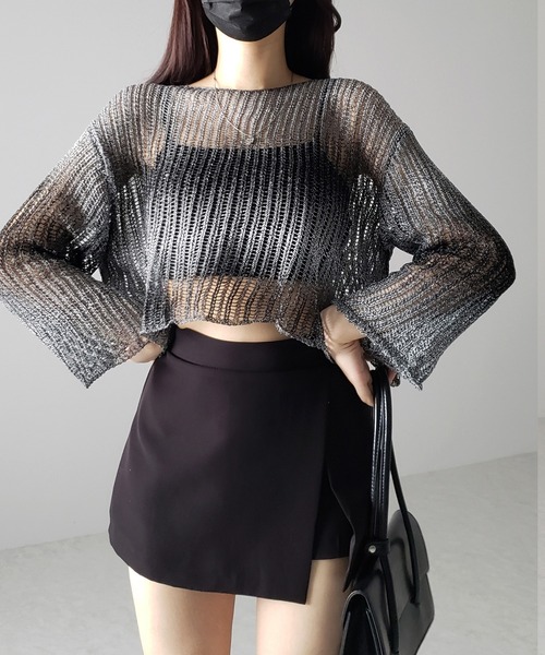 me+em select(ミームセレクト)の「【 2color 】グラデーションメッシュショートニット(ニット/セーター・レディース・ブラック/ブラウン・FREE)」の1枚目の写真