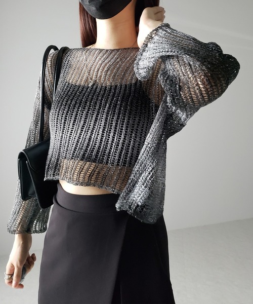 me+em select(ミームセレクト)の「【 2color 】グラデーションメッシュショートニット(ニット/セーター・レディース・ブラック/ブラウン・FREE)」の12枚目の写真