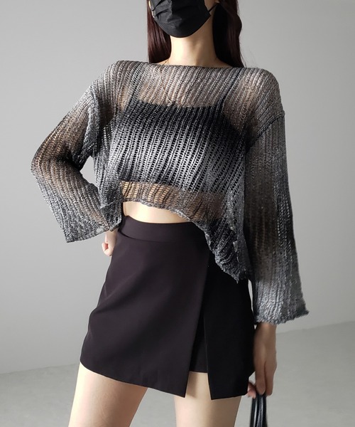 me+em select(ミームセレクト)の「【 2color 】グラデーションメッシュショートニット(ニット/セーター・レディース・ブラック/ブラウン・FREE)」の9枚目の写真