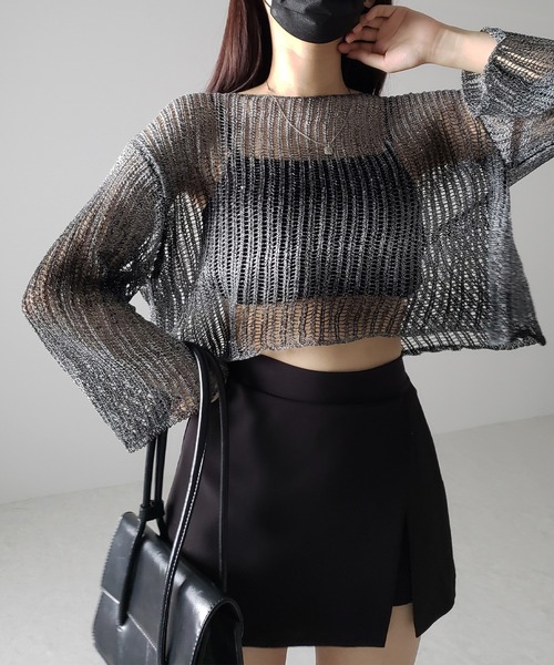 me+em select(ミームセレクト)の「【 2color 】グラデーションメッシュショートニット(ニット/セーター・レディース・ブラック/ブラウン・FREE)」の5枚目の写真