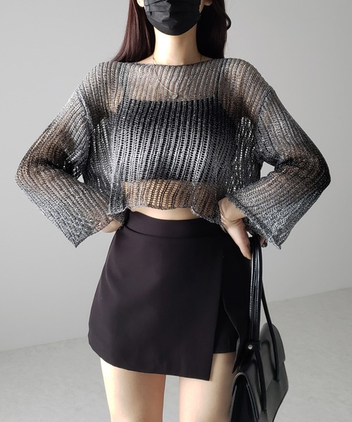 me+em select(ミームセレクト)の「【 2color 】グラデーションメッシュショートニット(ニット/セーター・レディース・ブラック/ブラウン・FREE)」の6枚目の写真