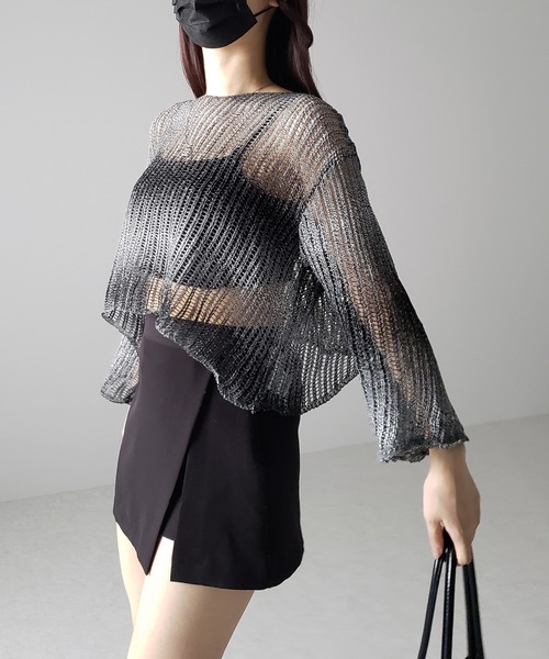 me+em select(ミームセレクト)の「【 2color 】グラデーションメッシュショートニット(ニット/セーター・レディース・ブラック/ブラウン・FREE)」の7枚目の写真