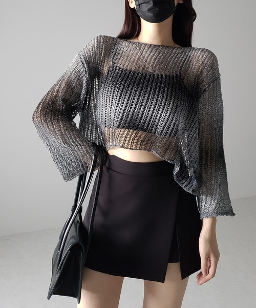 me+em select(ミームセレクト)の「【 2color 】グラデーションメッシュショートニット(ニット/セーター・レディース・ブラック/ブラウン・FREE)」の8枚目の写真
