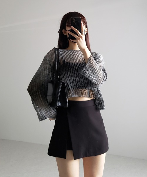 me+em select(ミームセレクト)の「【 2color 】グラデーションメッシュショートニット(ニット/セーター・レディース・ブラック/ブラウン・FREE)」の13枚目の写真