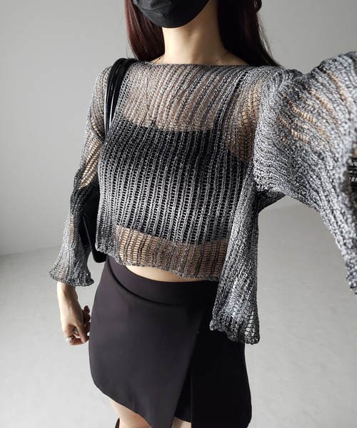 me+em select(ミームセレクト)の「【 2color 】グラデーションメッシュショートニット(ニット/セーター・レディース・ブラック/ブラウン・FREE)」の14枚目の写真