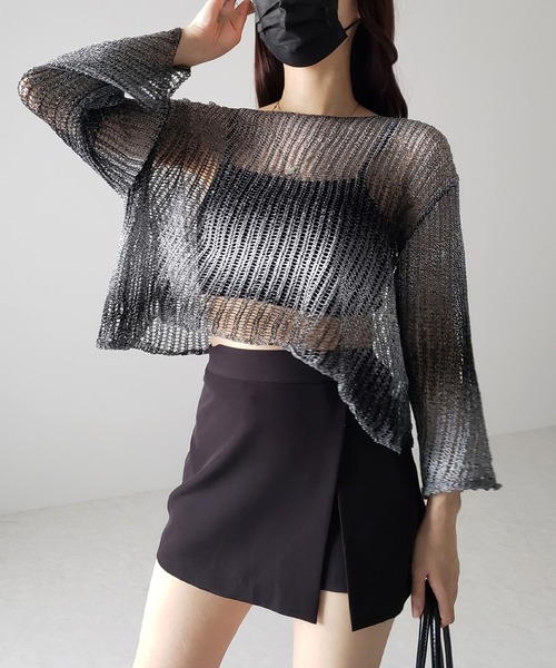 me+em select(ミームセレクト)の「【 2color 】グラデーションメッシュショートニット(ニット/セーター・レディース・ブラック/ブラウン・FREE)」の4枚目の写真