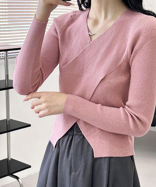 Girly Doll（ガーリードール）の「カシュクールリブニット（ニット/セーター・レディース・ピンク/ブラック/ベージュ/グレー/ホワイト・F）」の5枚目の写真
