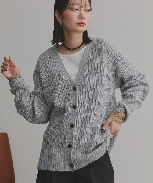 セール】片畦編み・Vネック MIXニットカーディガン（カーディガン