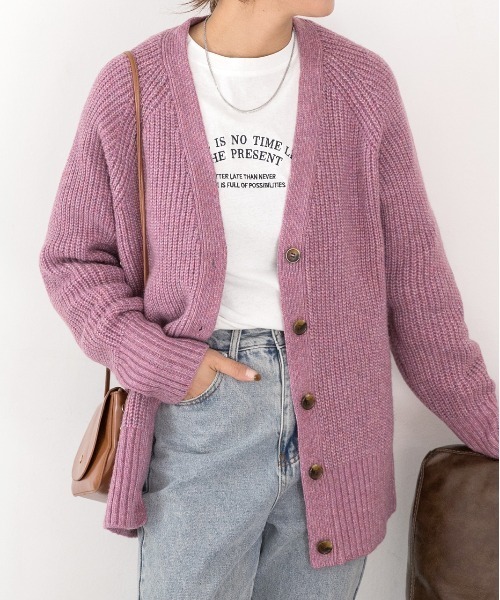 ad thie(アドティエ)の「片畦編み・Vネック MIXニットカーディガン(カーディガン/ボレロ・レディース・ピンク/ベージュ/ブラック/杢グレー/アイボリー/ブルー・FREE)」の6枚目の写真