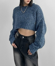 【LVEU.】ローゲージクロップドニットトップス / トップス ニット クロップド ショート グランジ 長袖 ボリューム レイヤード ドロップショルダー ブラック グレー ブルー グリーン