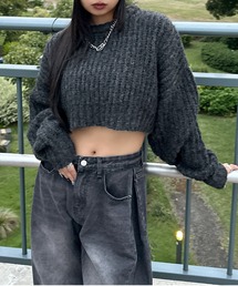 【LVEU.】ローゲージクロップドニットトップス / トップス ニット クロップド ショート グランジ 長袖 ボリューム レイヤード ドロップショルダー ブラック グレー ブルー グリーン