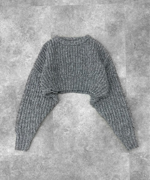 LVEU.（ラブユ.）の「【LVEU.】ローゲージクロップドニットトップス / トップス ニット クロップド ショート グランジ 長袖 ボリューム レイヤード ドロップショルダー ブラック グレー ブルー グリーン（ニット/セーター・レディース・グレー/グリーン/ブラック/ブルー・FREE）」の12枚目の写真