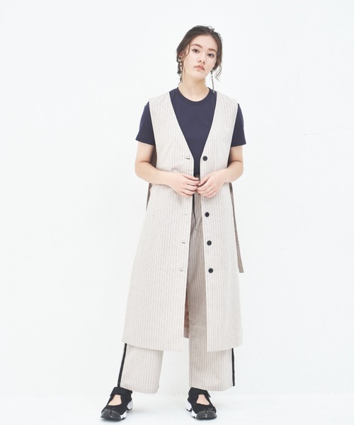 麻混ストライプ大人ロングジレ
