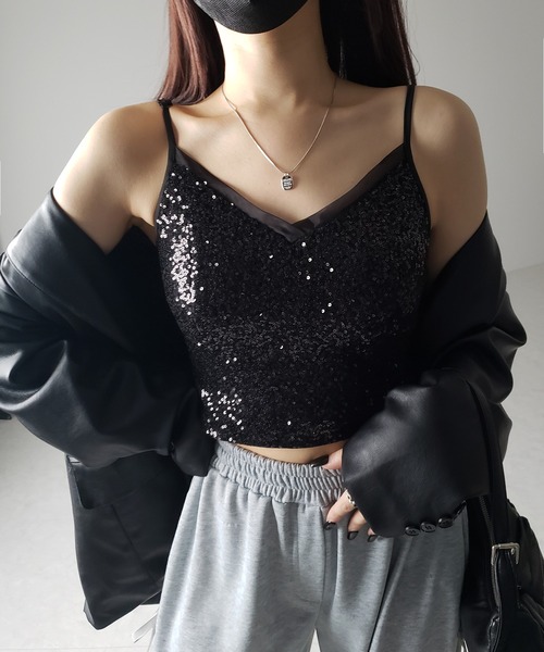 me+em select(ミームセレクト)の「【 カップ付き 】シアースパンコールショートキャミソールビスチェ / sheer spangle short camisole bustier(キャミソール・レディース・ブラック・SMALL/MEDIUM)」の13枚目の写真