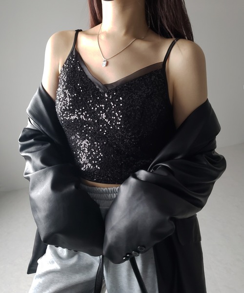 me+em select(ミームセレクト)の「【 カップ付き 】シアースパンコールショートキャミソールビスチェ / sheer spangle short camisole bustier(キャミソール・レディース・ブラック・SMALL/MEDIUM)」の12枚目の写真