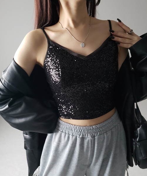 me+em select(ミームセレクト)の「【 カップ付き 】シアースパンコールショートキャミソールビスチェ / sheer spangle short camisole bustier(キャミソール・レディース・ブラック・SMALL/MEDIUM)」の15枚目の写真