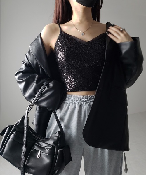 me+em select(ミームセレクト)の「【 カップ付き 】シアースパンコールショートキャミソールビスチェ / sheer spangle short camisole bustier(キャミソール・レディース・ブラック・SMALL/MEDIUM)」の20枚目の写真