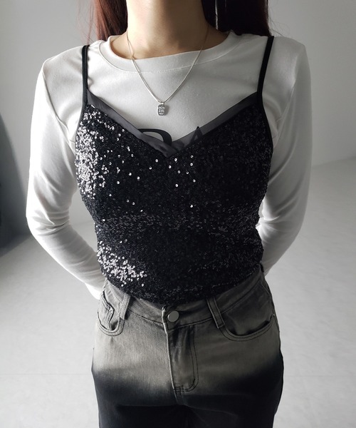me+em select(ミームセレクト)の「【 カップ付き 】シアースパンコールショートキャミソールビスチェ / sheer spangle short camisole bustier(キャミソール・レディース・ブラック・SMALL/MEDIUM)」の7枚目の写真