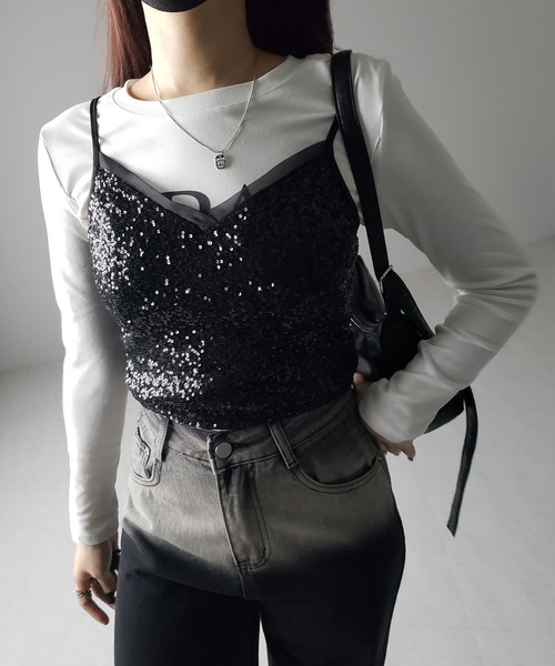 me+em select(ミームセレクト)の「【 カップ付き 】シアースパンコールショートキャミソールビスチェ / sheer spangle short camisole bustier(キャミソール・レディース・ブラック・SMALL/MEDIUM)」の4枚目の写真