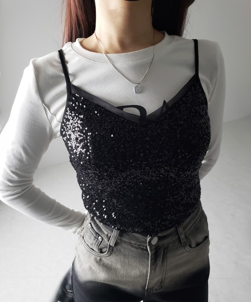 me+em select(ミームセレクト)の「【 カップ付き 】シアースパンコールショートキャミソールビスチェ / sheer spangle short camisole bustier(キャミソール・レディース・ブラック・SMALL/MEDIUM)」の5枚目の写真