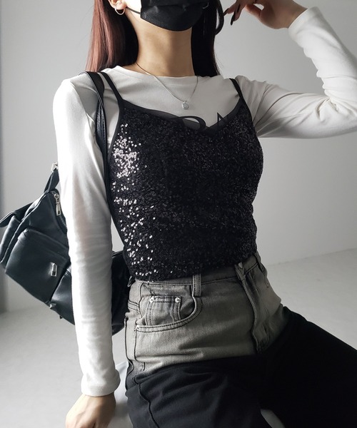 me+em select(ミームセレクト)の「【 カップ付き 】シアースパンコールショートキャミソールビスチェ / sheer spangle short camisole bustier(キャミソール・レディース・ブラック・SMALL/MEDIUM)」の8枚目の写真
