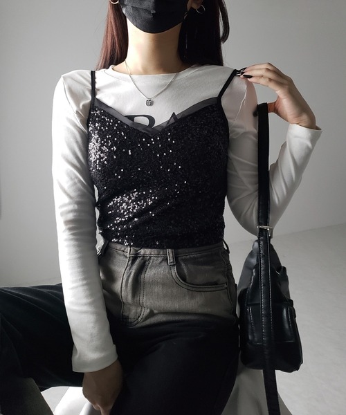 me+em select(ミームセレクト)の「【 カップ付き 】シアースパンコールショートキャミソールビスチェ / sheer spangle short camisole bustier(キャミソール・レディース・ブラック・SMALL/MEDIUM)」の11枚目の写真