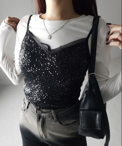 me+em select(ミームセレクト)の「【 カップ付き 】シアースパンコールショートキャミソールビスチェ / sheer spangle short camisole bustier(キャミソール・レディース・ブラック・SMALL/MEDIUM)」の2枚目の写真