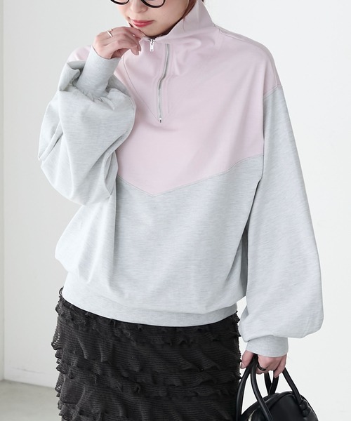 BONLECILL(ボンルシール)の「配色切り替えハーフジッププルオーバー(Tシャツ/カットソー・レディース・チャコールグレー/オートミール/アイボリー・FREE)」の3枚目の写真