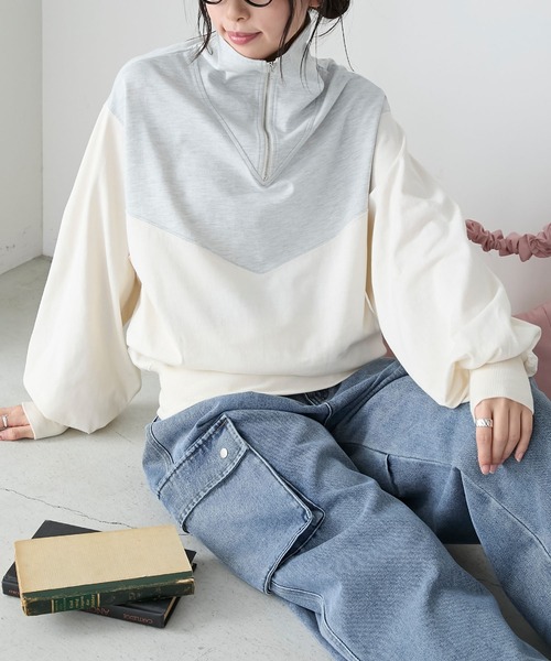 BONLECILL(ボンルシール)の「配色切り替えハーフジッププルオーバー(Tシャツ/カットソー・レディース・チャコールグレー/オートミール/アイボリー・FREE)」の1枚目の写真