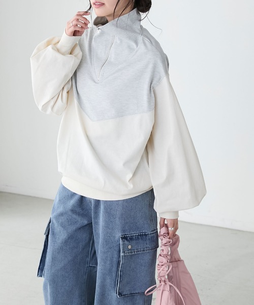 BONLECILL(ボンルシール)の「配色切り替えハーフジッププルオーバー(Tシャツ/カットソー・レディース・チャコールグレー/オートミール/アイボリー・FREE)」の20枚目の写真