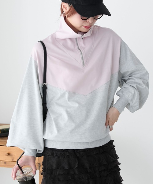 BONLECILL(ボンルシール)の「配色切り替えハーフジッププルオーバー(Tシャツ/カットソー・レディース・チャコールグレー/オートミール/アイボリー・FREE)」の4枚目の写真