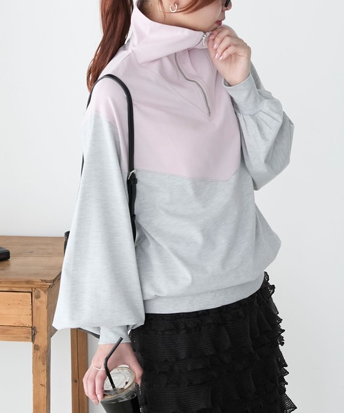 BONLECILL(ボンルシール)の「配色切り替えハーフジッププルオーバー(Tシャツ/カットソー・レディース・チャコールグレー/オートミール/アイボリー・FREE)」の5枚目の写真