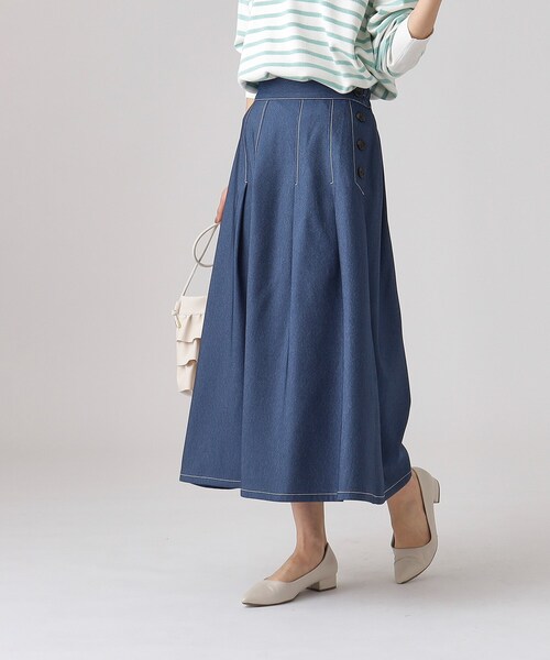DRESKIP(ドレスキップ)の「◆上品シルエット デニム調 サイドボタン タックスカート(スカート・レディース・ブルー系その他/ベージュ/ブラック・04/03/02)」の3枚目の写真