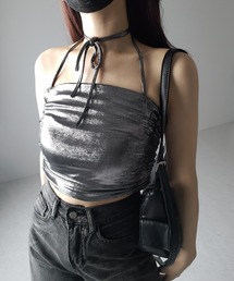 【 2color 】ストラップリボンギャザーメタリックショートキャミソール / strap ribbon metallic short camisole