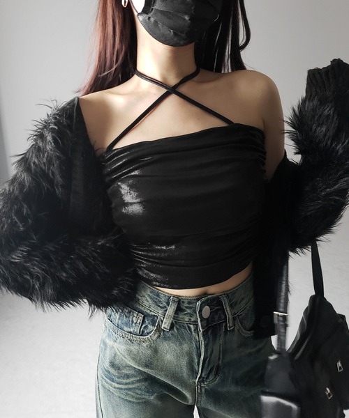 me+em select(ミームセレクト)の「【 2color 】ストラップリボンギャザーメタリックショートキャミソール / strap ribbon metallic short camisole(キャミソール・レディース・シルバー系その他/ブラック・FREE)」の21枚目の写真