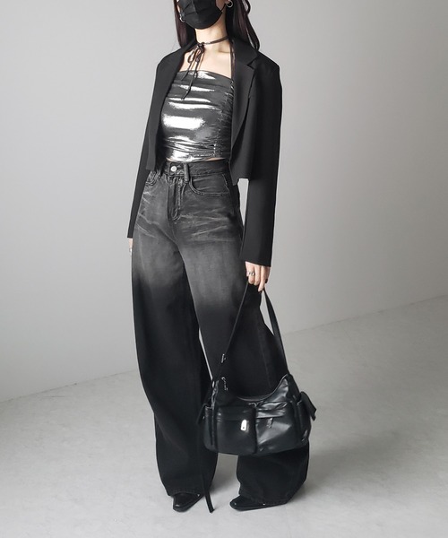 me+em select(ミームセレクト)の「【 2color 】ストラップリボンギャザーメタリックショートキャミソール / strap ribbon metallic short camisole(キャミソール・レディース・シルバー系その他/ブラック・FREE)」の11枚目の写真