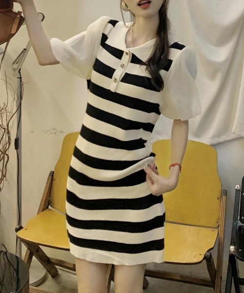 Miniministore(ミニミニストア)の「ワンピース ボーダー柄 ニットワンピース(ワンピース・レディース・ホワイト/ベージュ・FREE)」の6枚目の写真