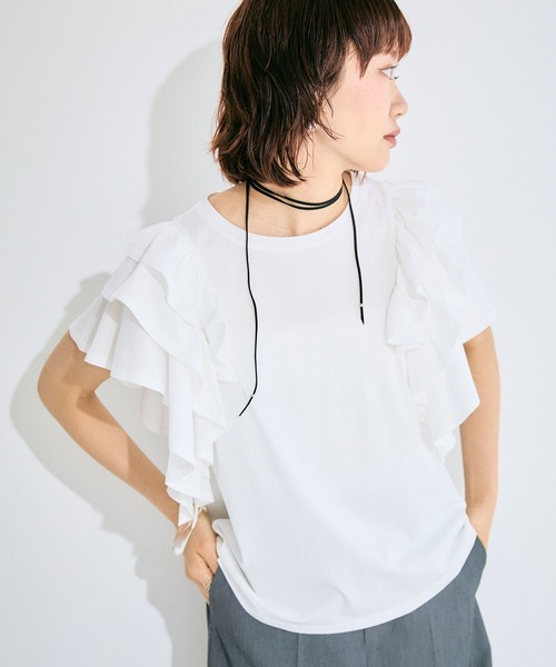 ELLEgirl（エルガール）の「ボリュームラッフルスリーブTシャツ【ELLEgirl/エル ガール】（Tシャツ/カットソー・レディース・ピンク/ブラック/ホワイト・FREE）」の12枚目の写真
