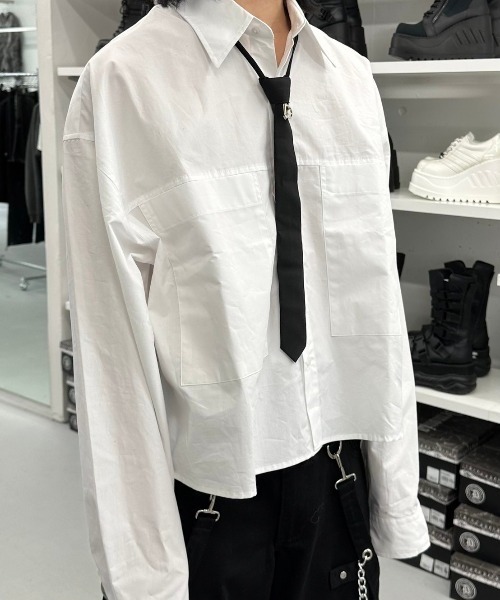 XU(エックスユー)の「ストリートファッション XU エックスユー cropped shirt クロップシャツ 長袖シャツ 長袖トップス オーバーサイズ コットンシャツ 韓国ファッション 韓国ストリート(シャツ/ブラウス・メンズ・ホワイト/ブラック・ONE SIZE)」の9枚目の写真