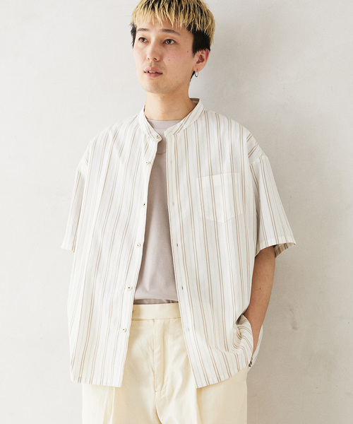 JOURNAL STANDARD relume（ジャーナルスタンダード　レリューム）の「INDIA SHIRTINGS ストライプバンドカラーシャツ（シャツ/ブラウス・メンズ・ブルー/ベージュ・LARGE/MEDIUM）」の10枚目の写真