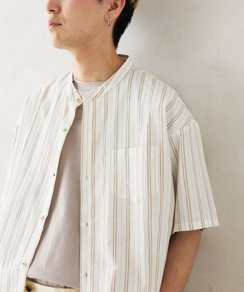 JOURNAL STANDARD relume（ジャーナルスタンダード　レリューム）の「INDIA SHIRTINGS ストライプバンドカラーシャツ（シャツ/ブラウス・メンズ・ブルー/ベージュ・LARGE/MEDIUM）」の12枚目の写真