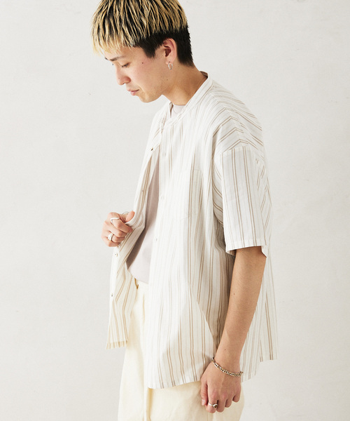 JOURNAL STANDARD relume（ジャーナルスタンダード　レリューム）の「INDIA SHIRTINGS ストライプバンドカラーシャツ（シャツ/ブラウス・メンズ・ブルー/ベージュ・LARGE/MEDIUM）」の13枚目の写真