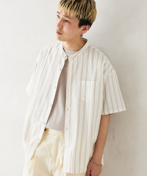 JOURNAL STANDARD relume（ジャーナルスタンダード　レリューム）の「INDIA SHIRTINGS ストライプバンドカラーシャツ（シャツ/ブラウス・メンズ・ブルー/ベージュ・LARGE/MEDIUM）」の15枚目の写真