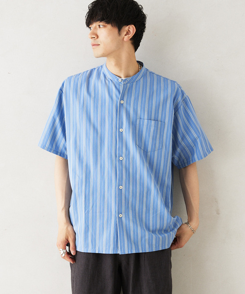 JOURNAL STANDARD relume（ジャーナルスタンダード　レリューム）の「INDIA SHIRTINGS ストライプバンドカラーシャツ（シャツ/ブラウス・メンズ・ブルー/ベージュ・LARGE/MEDIUM）」の20枚目の写真